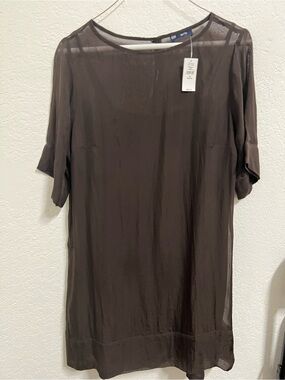 Brown Sheer Short-Sleeve organza shift dress